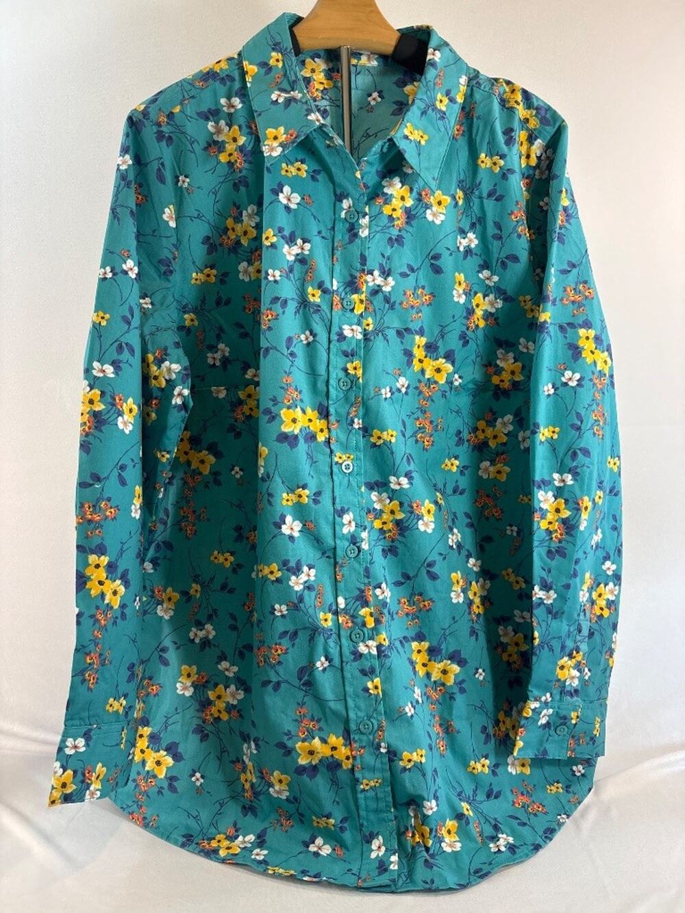 Woman Within Floral Shirt Teal Yellow 1X Button-Up Garden Blouse